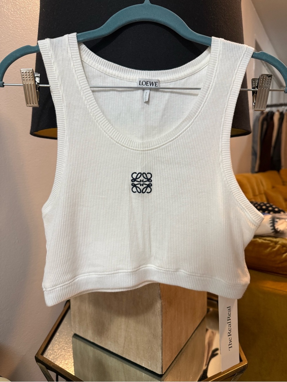 Loewe Ivory Ribbed Cropped Tank with Embroidered Anagram